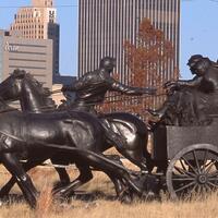 Argo, Jim, photographer. "Centennial Land Run Statue." Photograph. 2006. From The Gateway to Oklahoma History. https://gateway.okhistory.org/ark:/67531/metadc1684652/m1/1/?q=oklahoma%20city%20land%20run (accessed November 16, 2023).