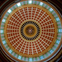      OKJaguar, photographer. "[Oklahoma State Capitol dome, interior view with Great Seal of the State of Oklahoma (5-pointed star in circle) at the center.]" Photograph. 2019. From WikimediaCommons. https://commons.wikimedia.org/wiki/File:Oklahoma_State_Capitol_dome,_interior_view_with_Great_Seal_of_the_State_of_Oklahoma_%285-pointed_star_in_circle%29_at_center.jpg (accessed October 3, 2023). 